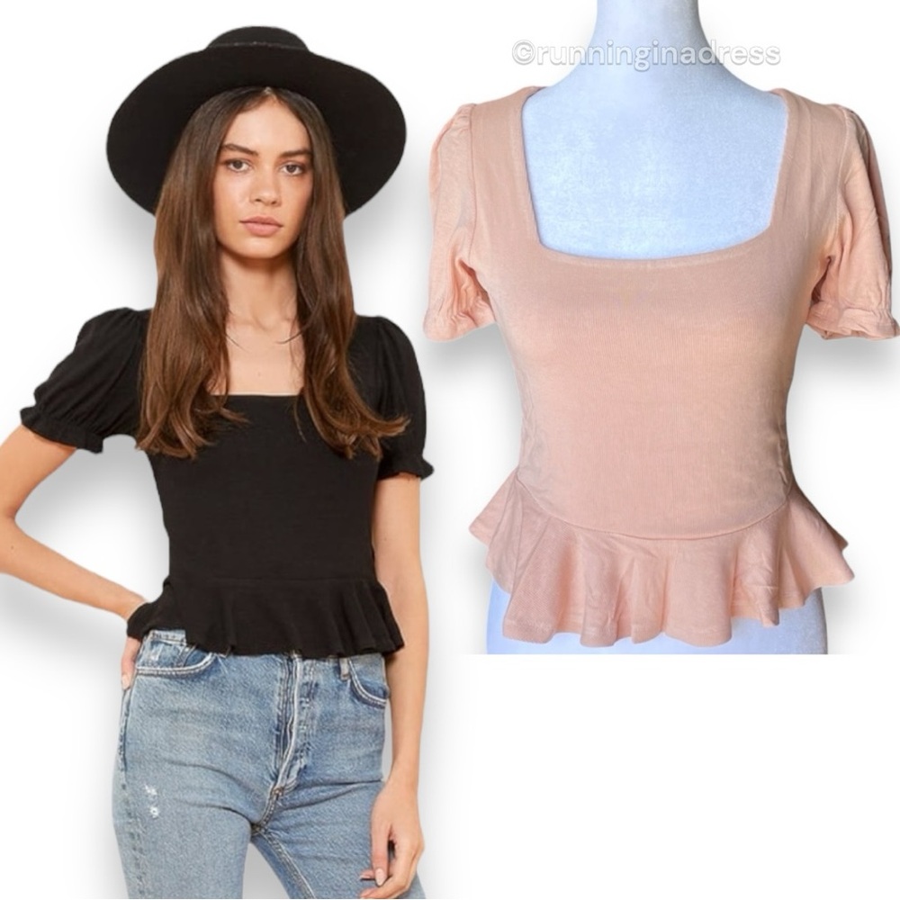 NWT Lulu's Pep Squad Ribbed Puff Sleeve Peplum In Color Blush Top Size Medium